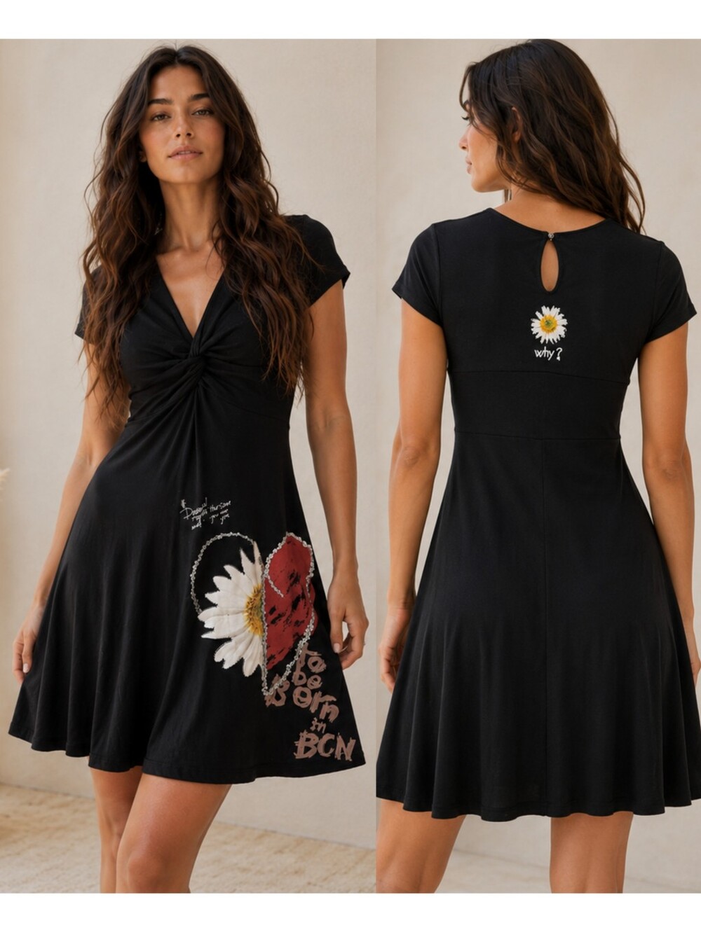 Desigual Daisy Heart Graphic Dress Y2K Artsy Fit Flare Stretch Knit Size Medium